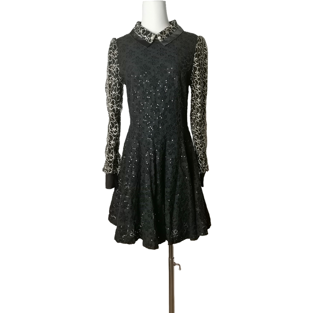 🐝 29"W, black and gold lace long sleeve dress
